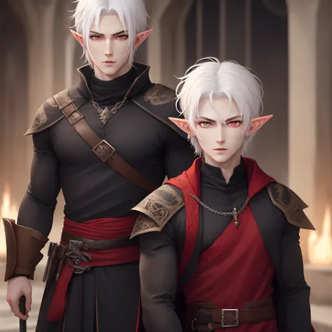 Elf, Pale skin White Hair, male, Assassin, dark clothing,  slender toned, handsome, dark eye bags, red pupils