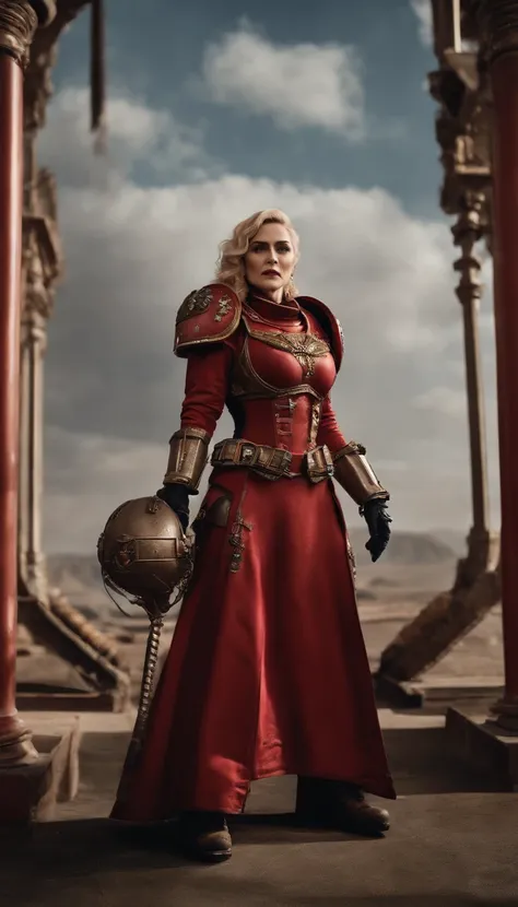 Singer Madonna as Highly realistic Marine Astartes, In your power armor armor color： red colour, ultra-realistic realism, Best quality, warhammer40k