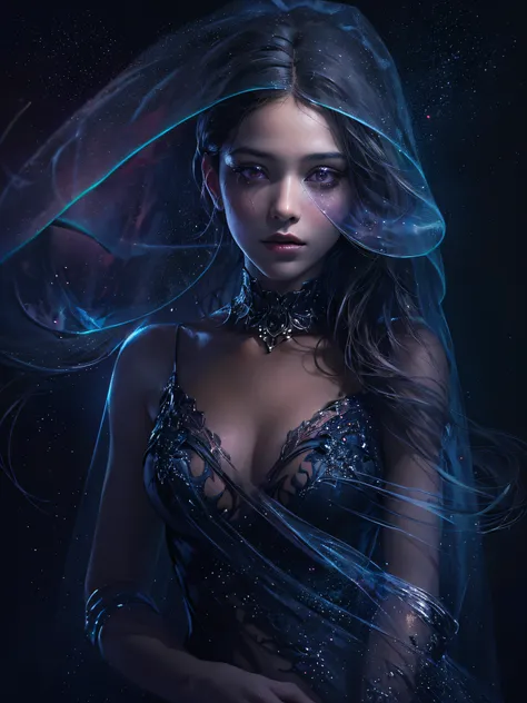 (photo of a beautiful woman in a see-through navy dress, side view:1.1),(covered in mist, veil of light, Veil with light particle effect:1.2), (black and purple background, darkness, rainbow-colored aura floating in the darkness:1.3), (shiny skin),ultra-de...