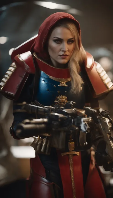 Singer 25-year-old Madonna as Highly realistic Marine Astartes, In your power armor armor color： red colour, ultra-realistic realism, Best quality, (warhammer40k)，(Best quality,4K,8K,A high resolution,Masterpiece:1.2),(Realistic,Photorealistic,photo-realis...