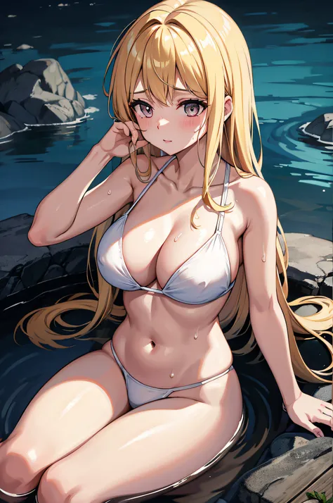 女の子1人、flaxen hair、Long hair、Align your bangs、flaxen eyes、White Bikini、Wet and sheer bikini、Exposed cleavage、Colossal tits、hot onsen、steam、snowscape、sit、Nokezoru、Glowing skin、full of sweat、full of sweat、Im skinny、Raised skin、Glowing skin