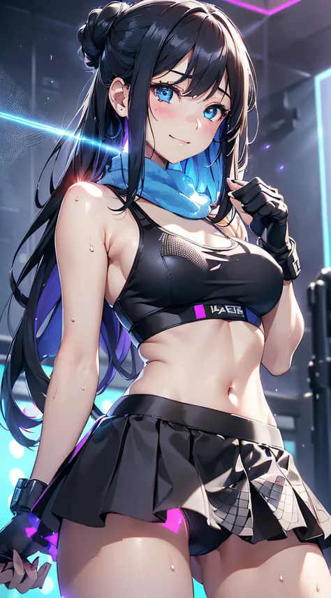 top-quality、Top image quality、​masterpiece、girl with((cute little、18year old、Best Bust、Medium bust、Bust 85,Beautiful blue eyes、Breasts wide open,Long Black Hair、A slender、Middle knot、Black Sports Bra、White short skirt,Reflecting the whole body、Black perfor...