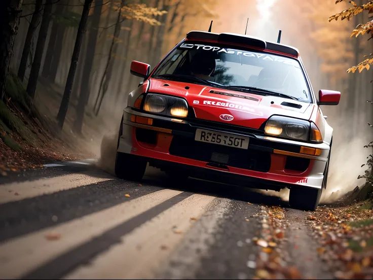 Toyota Starlet WRC　Rally running at breakneck speed on forest roads in autumn