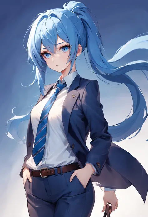 Modelshoot style, (the Extremely Detailed CG Unity 8K Wallpapers), Full shot body illustration of the most beautiful artwork in the world、Bright and saturated light blue hair、poneyTail、ember、Blue eyes on top and light blue on the bottom、Solid white shirt、B...