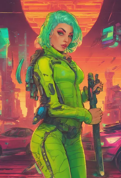 2090 image style, young woman, short hair, green hair with blue highlights, realistic style, cleavage, biomechanical style, sword in hand, smile on face, Cyberpunk girl, long straight hair, beautiful Latina, full body, hyper realistic, cinematic, HR Giger ...