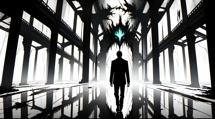 A dark illustration showing a human figure in the dark, shadows stretching out behind it, the person is looking into a broken mirror, his reflection showing a monstrous version of himself, glow effect, hyperdetailed