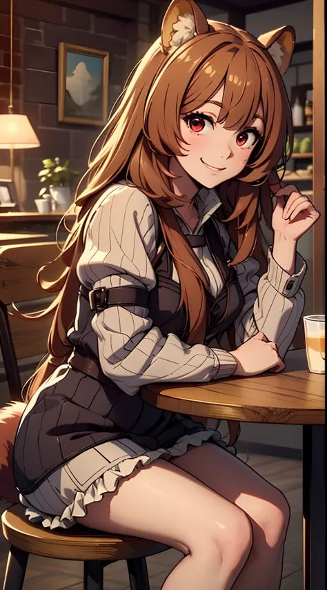 Raphtalia, ((masterpiece, best quality)), young, cute, adorable, 1girl, solo, long hair, looking at viewer, brown hair, red eyes, animal ears, fluff, raccoon girl, racoon tail, looking happy, happy face expression, indoors, at the cafe, sitting on stool, a...