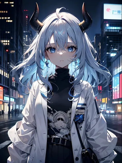 (masterpiece,best quality,ultra-detailed),1girl,(((half color hair))),dark blue hair, light blue hair,curly hair, messy hair,oni horns,pale skin,white jacket,small chest,(grey theme),city in the background