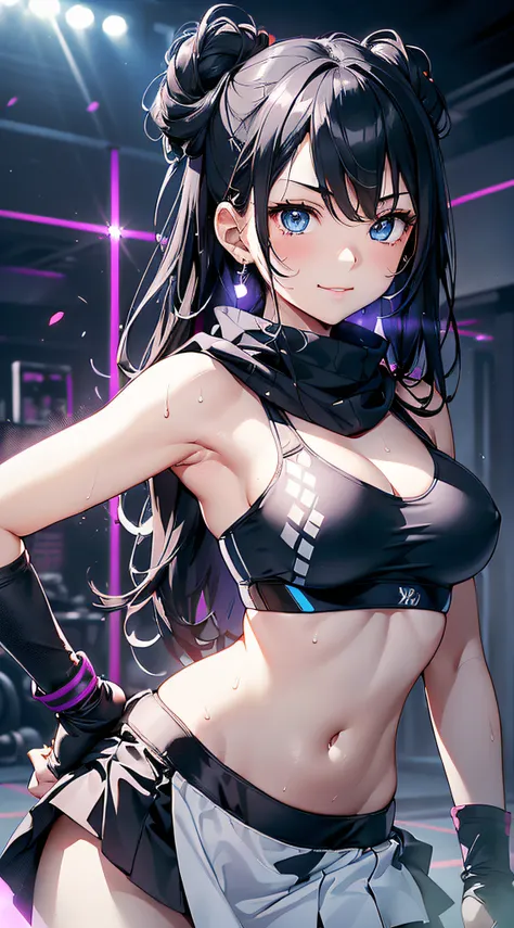 top-quality、Top image quality、​masterpiece、girl with((cute little、18year old、Best Bust、Medium bust、Bust 85,Beautiful blue eyes、Breasts wide open,Long Black Hair、A slender、Middle knot、Black Sports Bra、White short skirt,Reflecting the whole body、Black perfor...