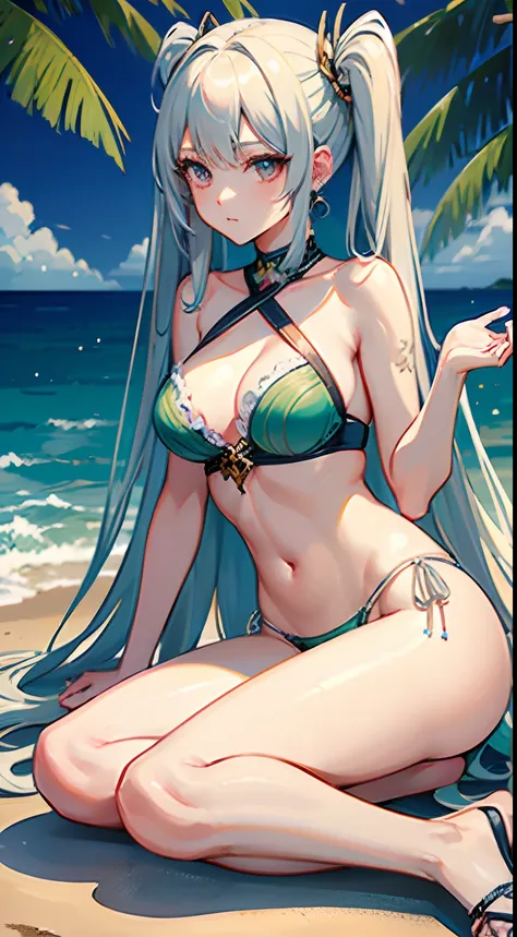 ((Best Quality)), (ultra-detailliert), ((Extremely detailed)), (Beautiful), ((Kawaii Girl)),(two side up hair)、((masutepiece)),Platinum Blonde Hair,Long hair, hair between eye, Wavy Hair, Long sideburns,Jade-colored eyes, White skin,Normal Chest,Slender bo...