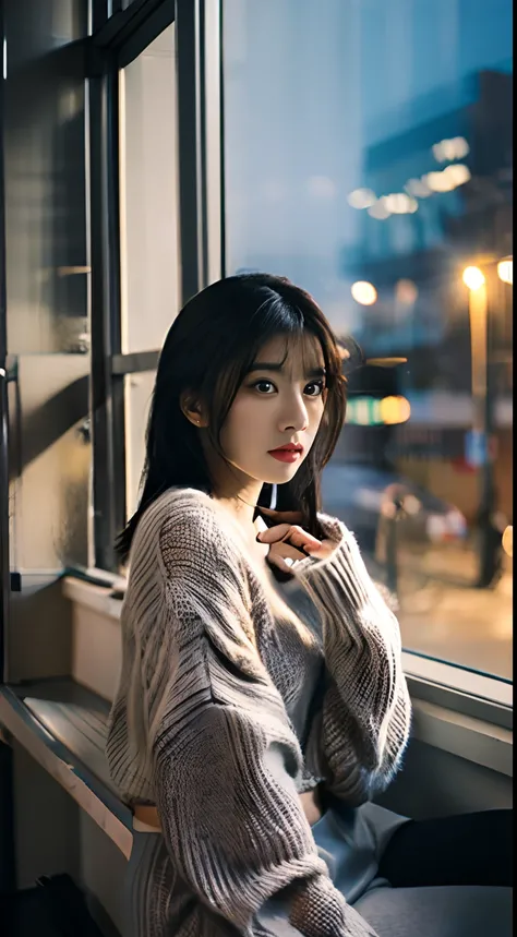 cinematic photo a Woman nude sitting on a window sill looking out the window, grey sweater, a stock photo by chen jiru, tumblr, aestheticism, movie still, pretty, pixiv . 35mm photograph, film, bokeh, professional, 4k, highly detailed