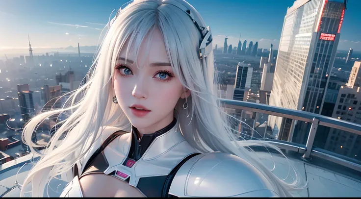 See the city from above，The scene is magnificent，A beautiful woman strode wildly，The sky is out of phase，Big galaxy，Big Mars，Great river，the ocean，large waves，8K high-definition，realistic visual effects，attractive beautiful，dramatic contrast，Gentle lightin...