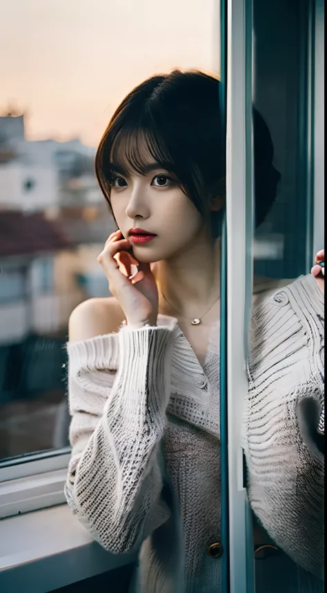 Cinematic photo nude woman sitting on window sill looking out window, grey sweater, Stock Photo by Ji Chen, Tumbler, aestheticism, Movie Still, Pretty, pixiv . 35 mm photo, movie, Bokeh, Professional, 4K, Highly detailed