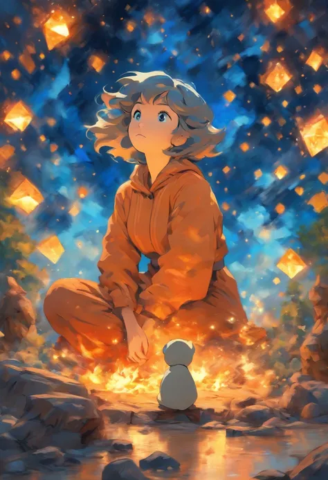 high quality, 8K Ultra HD, highly detailed, Abstraction, Oil, Sketch, Illustration of a female figure sitting on the ground next to a campfire in the company of a Charmander pokemon in the style of Van Gogh, inspired by the The Starry Night painting, manga...