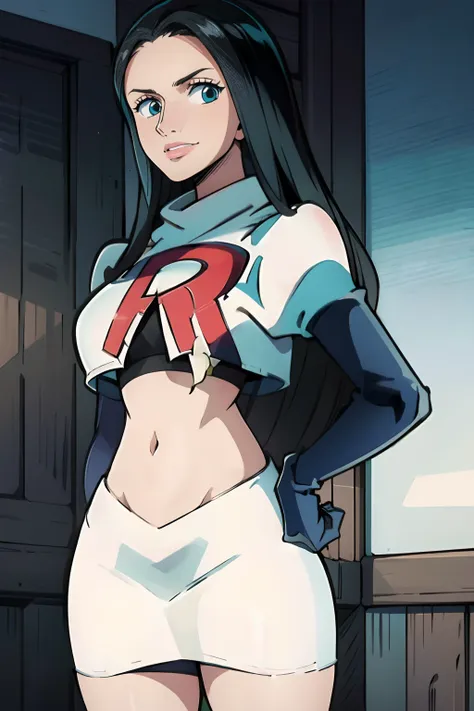 Nico Robin, long hair, black hair, team rocket,team rocket uniform, red letter R, white skirt,white crop top,black thigh-highs,black elbow gloves, hands on hips