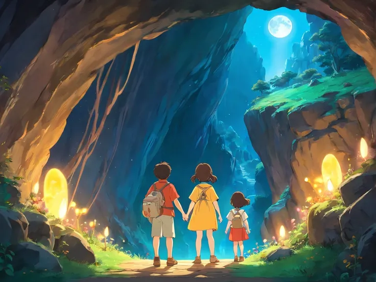 The moon is out，The cave emits a soft glow，This moment seems sacred and fantastic。A little boy and a little girl enter the cave nervously and excitedly。The interior of the cave is illuminated by light，It reveals a mysterious atmosphere。