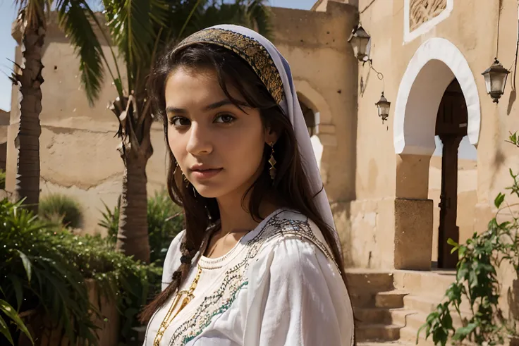 jeune femme dorigine marocaine, tenue traditionnelle magnifique avec accessoires, paysage oriental