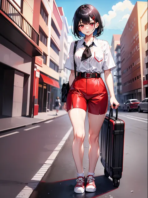 Black hair short, short red clothes with white collar sleeves, red shorts, white waist belt, white shoes, girl, outdoor