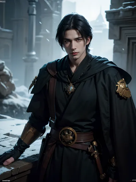 1man, solo focus, adult, pale and young adult face, short black hair, black robe with golden lining, realistic, dynamic pose realistic, detailed and correct body structure, king, frost mountain, LEON S. KENNEDY, handsome, attractive, slightly muscular, cin...