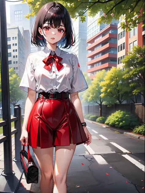 Black hair short, short red clothes with white collar sleeves, red shorts, white waist belt, white shoes, girl, outdoor