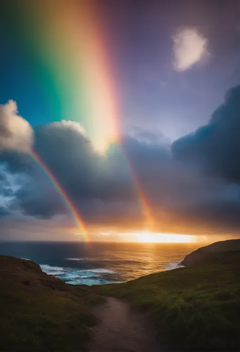 A close-up of a rainbow-colored circle in the sky. The scene features a rainbow that resembles air and is filled with rainbow-colored clouds. This is a very colorful heaven. The clouds are rainbow-colored and lit by a holy light halo. The scene also includ...