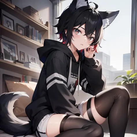 ((masterpiece, best quality, anime)), Sora, ((19 year old Boy)), ((46ft)) cute, ((Black messy short hair)) Black Hoodie with white stripes, Rearview, ((Red and Grey eyes)), ((Black Really Fluffy Wolf tail)) ((1tail)) ((Black Wolf ears)), Cute expression, B...