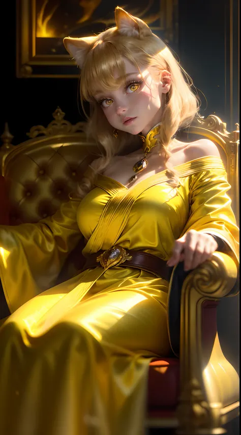 Best quality, Masterpiece, 8k, ......RAW, oreilles de chat, cheveux longs blonds, mignon robe jaune, (engulfed in golden flames:1.2), Ghostly Light, strange atmosphere, (portrait du corps entier), (Bosseler:1.2), (Very bright yellow eyes:1.2) sitting on a ...