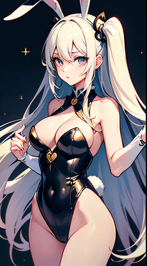 ((Best Quality)), (ultra-detailliert), ((Extremely detailed)), (Beautiful), ((Kawaii Girl)),(two side up hair)、((masutepiece)),Platinum Blonde Hair,Long hair, hair between eye, Wavy Hair, Long sideburns,Jade-colored eyes, White skin,Colossal tits、Rabbit ea...