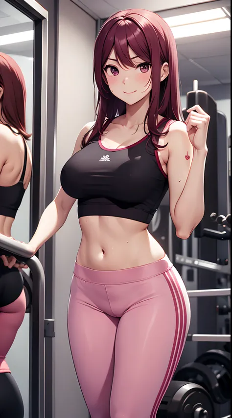 Sakurauchi riko, skinny sweet pants, tight gym bra, mirror, sweating,sweat drops , slightly smile,(thicc:0.89)