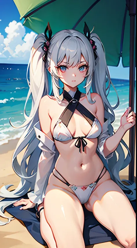 ((Best Quality)), (ultra-detailliert), ((Extremely detailed)), (Beautiful), ((Kawaii Girl)),(two side up hair)、((masutepiece)),Platinum Blonde Hair,Long hair, hair between eye, Wavy Hair, Long sideburns,Jade-colored eyes, White skin,Normal Chest,Slender bo...