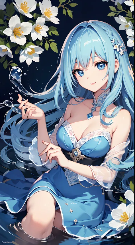 (High resolution, ultra-detailliert), 1 pretty girl, Solo, Long light blue hair,Highly detailed blue eyes, (Symphony of light, water and flowers), kindly smile、Dynamism