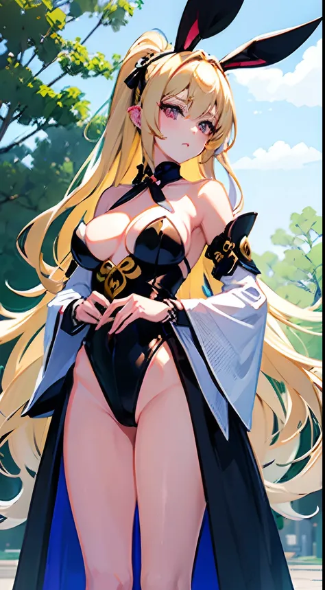 ((Best Quality)), (ultra-detailliert), ((Extremely detailed)), (Beautiful), ((Kawaii Girl)),(two side up hair)、((masutepiece)),Platinum Blonde Hair,Long hair, hair between eye, Wavy Hair, Long sideburns,Jade-colored eyes, White skin,Colossal tits、Rabbit ea...