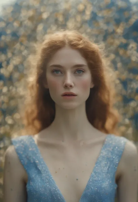 (symmetry),centered, a ((fermer)) un portrait, (jeune femme ), une jeune femme blanche avec le visage de Marguerite Moreau, mince avec de beaux cheveux long chatains clair ,Dressed in a long white and blue dress,35 mm, peau nu naturelle, Detail of clothing...