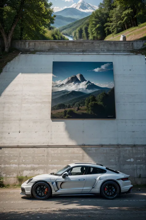 Best quality, painting of a (White 2022 Porsche Taycan), and Blueridge mountain scene with a river and trees, car centered Masterpiece, (photograph realistic:1.4), surrealism, Dream-like,fusionart, Shadowdancer, shadow magic，Dilapidated castle in the backg...