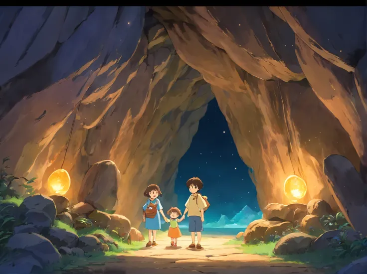 The moon is out，The cave emits a soft glow，This moment seems sacred and fantastic。A little boy and a little girl enter the cave nervously and excitedly。The interior of the cave is illuminated by light，It reveals a mysterious atmosphere。