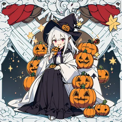 A maiden sitting on a rooftop under the stars，white color hair，Red left eye，Purple right eye，Wearing a wizard hat and a star hairpin，Holding a pumpkin head filled with candy in his hand，Smile，with her mouth open，Show cute fangs