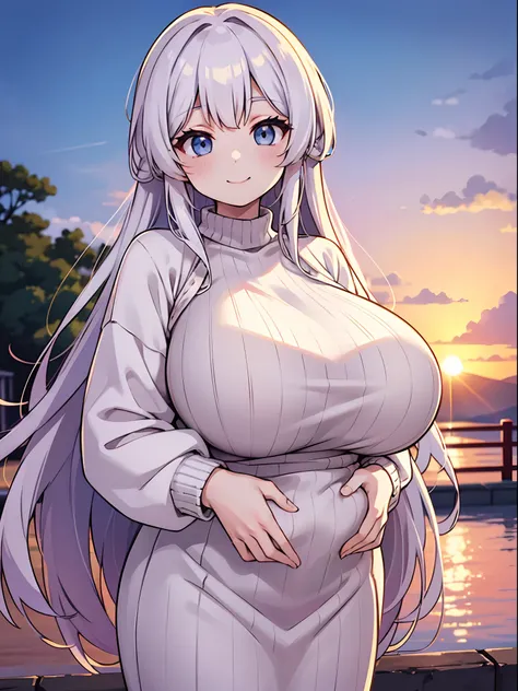 A beautiful  woman with very long hair and a gentle smile and a beautiful sunset in the background,((white summer sweater is huge  inflated )) ,anime,japan comic,