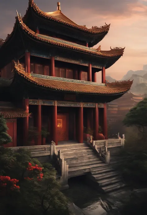 The top half of the picture is a high-rise building in the style of technology，The following are ancient Chinese buildings，There was a black-clad assassin in the building