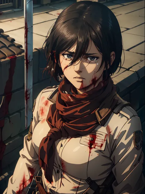 Masterpiece, A high resolution, Photorealistic, Best quality, 8K, Best quality, Ultra-detailed, Cinematic lighting, 1girll, mikasa ackerman, shingeki no kyojin, 1girll, belt, Black hair, Cropped jacket, emblem, hair between eye, Jacket, Paradise military u...