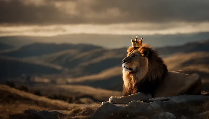 a lion with golden crown roaring and sheep around on a mountain