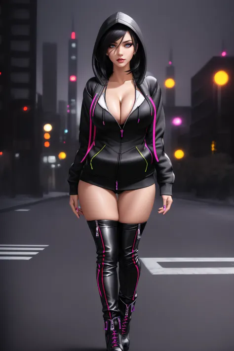 beautiful girl, ((standing:1.4)), (confident gaze:1.1), full body, short bright neon streaked black hair, ((realistic highly detailed eyes:1.4)), ((seductive pose:1.2)), black eyeshadow, (street style wear:1.2), ((hoodie open zip:1.4)), ((cleavage:1.4)),((...