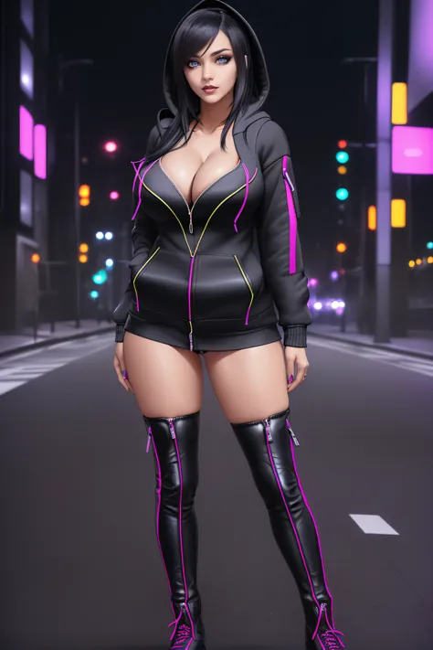 beautiful girl, ((standing:1.4)), (confident gaze:1.1), full body, short bright neon streaked black hair, ((realistic highly detailed eyes:1.4)), ((seductive pose:1.2)), black eyeshadow, (street style wear:1.2), ((hoodie open zip:1.4)), ((cleavage:1.4)),((...