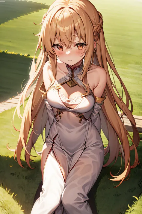 女の子1人、flaxen hair、Long hair、flaxen eyes、Im skinny、barechested、large boob、Bare、sleep、Glowing skin、full of sweat、Glowing skin、grass field、