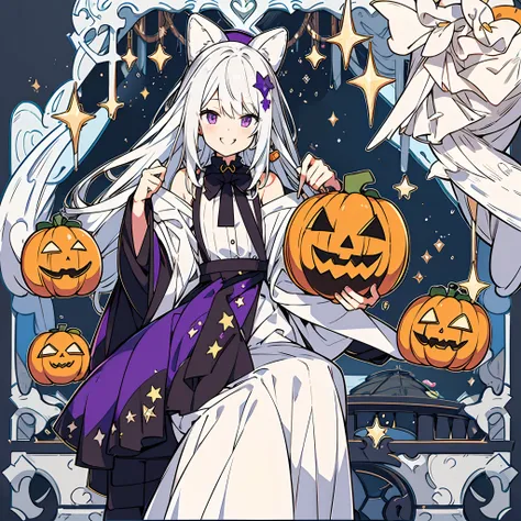 A maiden sitting on a rooftop under the stars，white color hair，a purple eye，Wearing a wizard hat and a star hairpin，Holding a pumpkin head filled with candy in his hand，Smile，with her mouth open，Show cute fangs