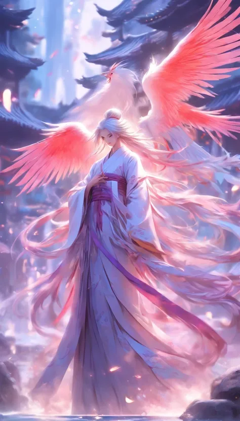 china style，中景 the scene is，The Taoist monk stood in front of a huge transparent Chinese sword，Angel Girl, girl with,full body Esbian,white color hair, Ancient white clothes, devilish white tail with hair at the end,,,,, de pele branca, Big white wings,a l...