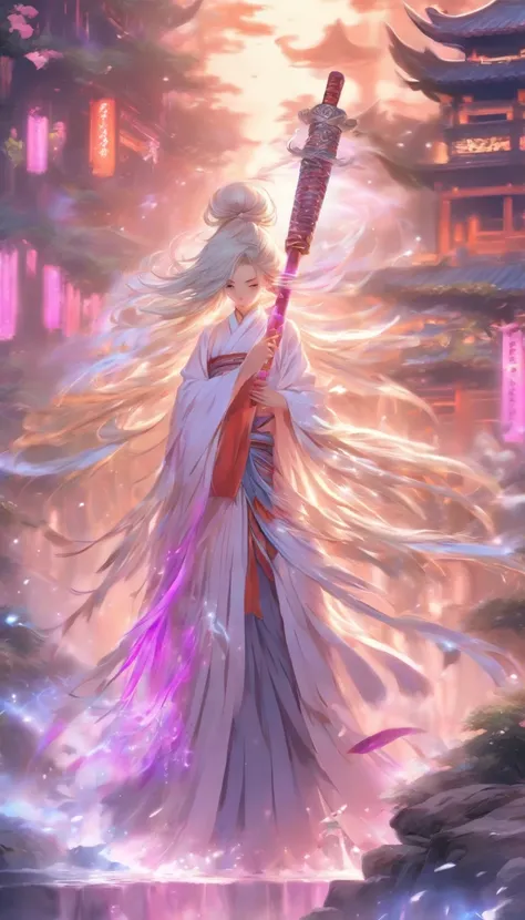 china style，中景 the scene is，The Taoist monk stood in front of a huge transparent Chinese sword，Angel Girl, girl with,full body Esbian,white color hair, Ancient white clothes, devilish white tail with hair at the end,,,,, de pele branca, Big white wings,a l...