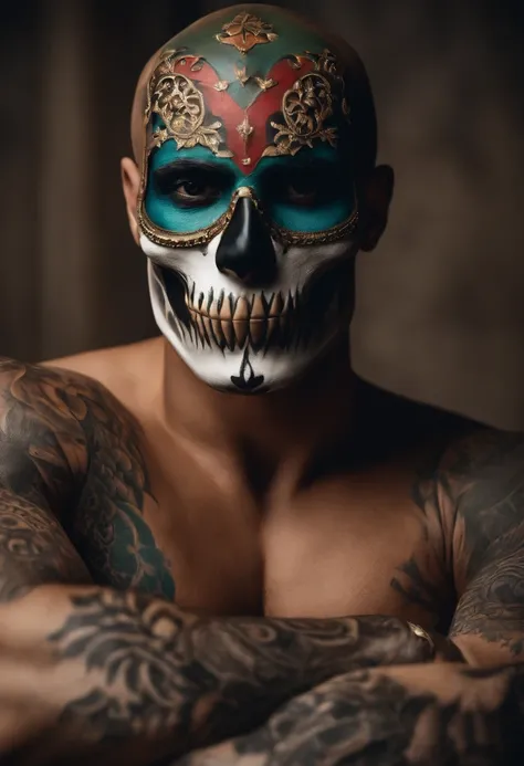 Homem forte e tatuado, with skull mask.