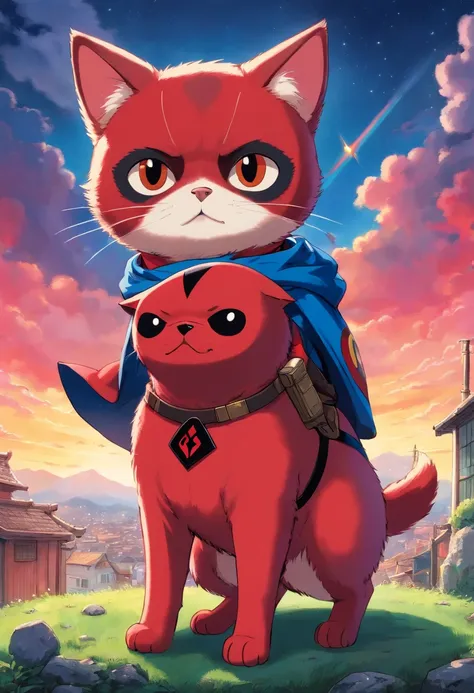 Cute cat as Deadpool and superman dog