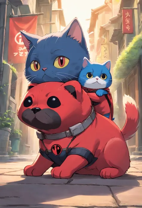 Cute cat as Deadpool and superman dog