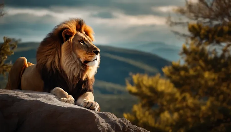 Lion with golden crown on a mountain and a beautiful bright sky